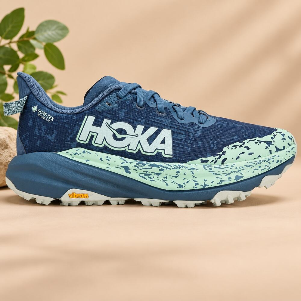USED HOKA Speedgoat 6 GTX Women's Trail Running Shoes Grey/Mint 6.5 M